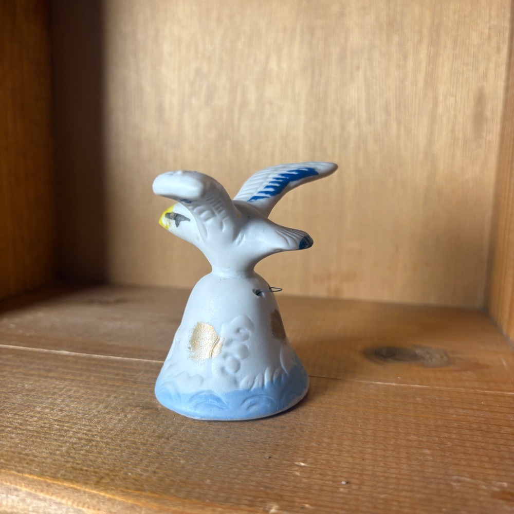 VTG Ceramic Seagull Bird Bell Nautical Coastal Decor Blue White Gold Figurine